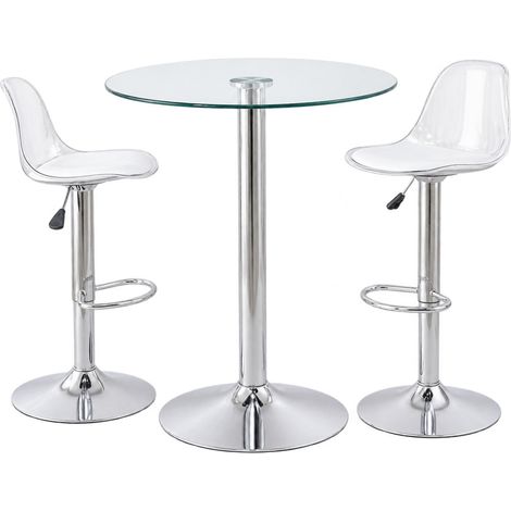 ELVMI Ensemble Table et Chaises de Bar avec 1 Table Ronde et 2 Tabourets Réglables Pivotants, Verre, Métal et Plastique, Argent et Transparent (1/5)