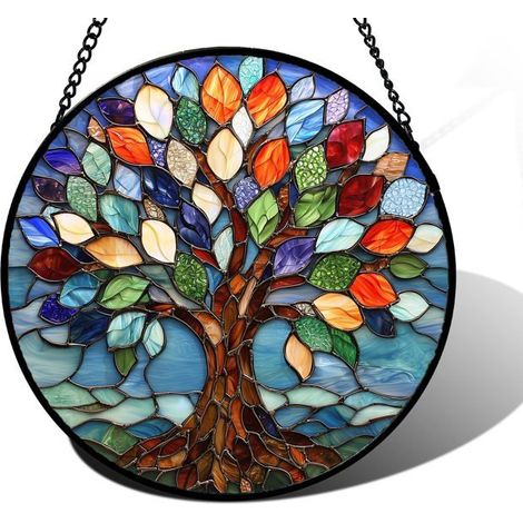 BelleRise - Vitraux suspendus, panneaux de vitraux avec un attrape-lumière en forme d'arbre de vie, décorations attrape-lumière bleues. (1/5)