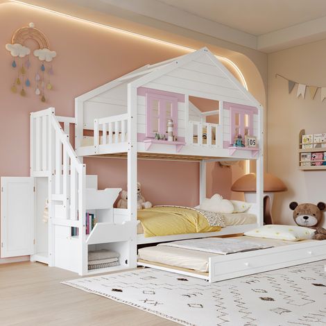 Lit superposé enfant en bois 90 x 200 cm avec armoires et escaliers de rangement Lit double avec fenêtres Cadre en pin Blanc + Rose