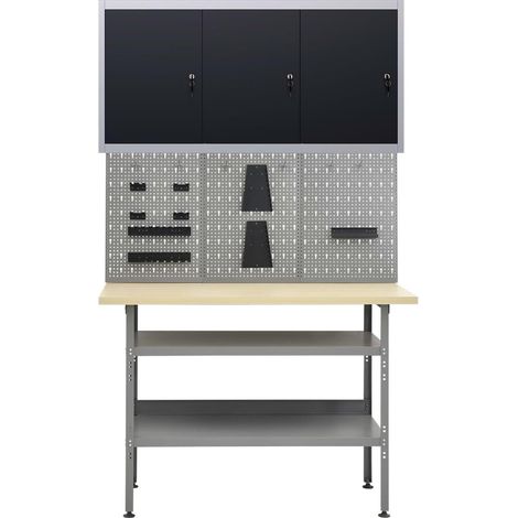 Etabli 120 cm avec 3 panneaux muraux et 1 armoire garage table de travail gris noir (1/5)