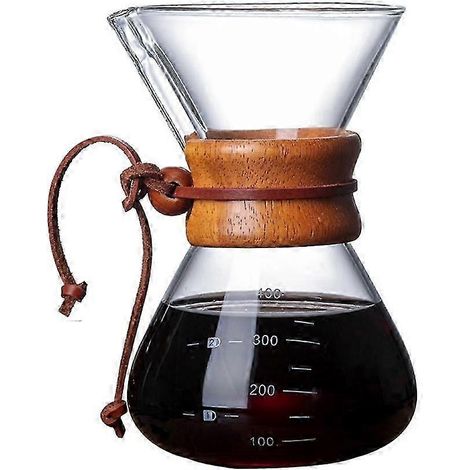 Cafetière classique en verre de 400 ml avec poignée en bois, résistante à la chaleur et méthode d'infusion manuelle. (1/5)