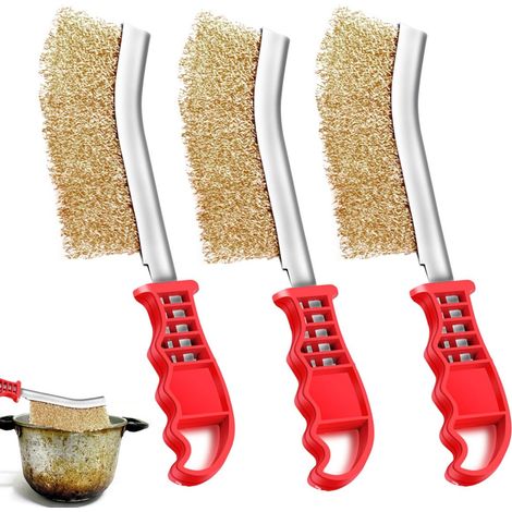 Ensemble de 3 brosses en fil de laiton – Brosse pour barbecue avec manche ergonomique pour graisse, rouille et taches difficiles