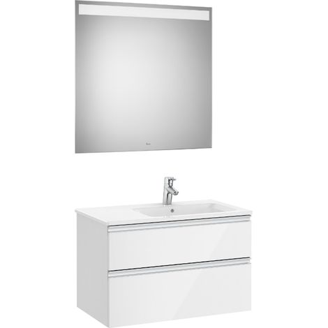 Pack meuble "The Gap" 800 - 2 tiroirs + lavabo slim droite + miroir LED - blanc brillant - Roca (1/2)