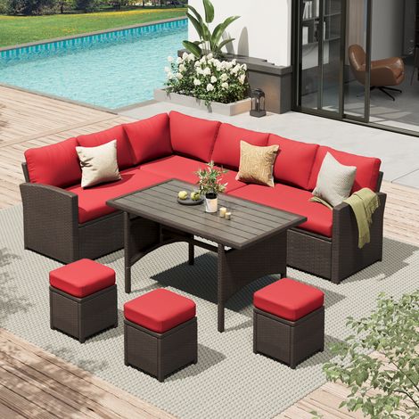 YODOLLA 7-teiliges Rattan-Gartenmöbel Set für 9-10 Personen, modulare Terrassenmöbel aus rostfreiem Stahl mit Esstisch & Hockern, Rot & Braun