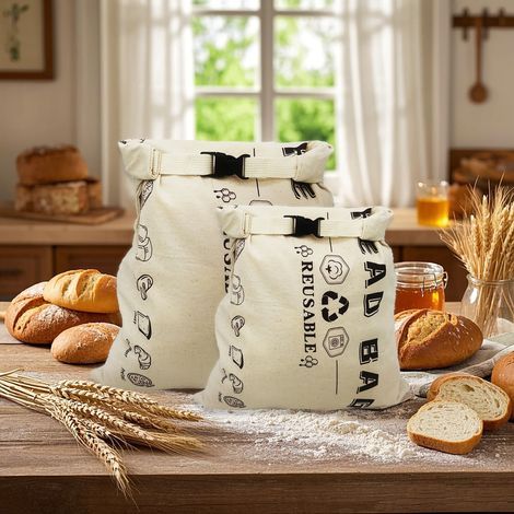 Set of 2 beeswax bread bags, reusable square fabric bread storage bags with clip closure