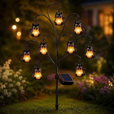 Lanterne solaire en forme de souche d'arbre d'Halloween, fantôme scintillant avec chapeau de sorcière et accents de chat noir, décoration à DEL rustique vintage pour terrasse, porche et allée (1/5)