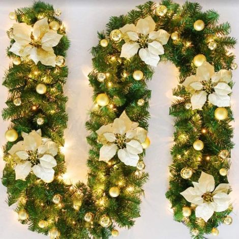 Christmas Garland with LED Lights, 270cm 40 LEDs Warm White Artificial Christmas Tree Garland Christmas Decoration Garland for Home Decoration Fireplaces Stairs Doors (Gold) (1/5)
