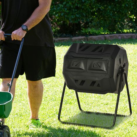 Outsunny Gartenkomposter – Kompostbehälter für Gartenabfälle – 360° drehbar – Doppelkammer, 160 l – Schwarzer PP-Stahl