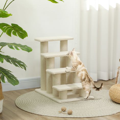 Scaletta per animali domestici a 4 gradini, rivestimento effetto lana, 61 x 41 x 60 cm, color crema.