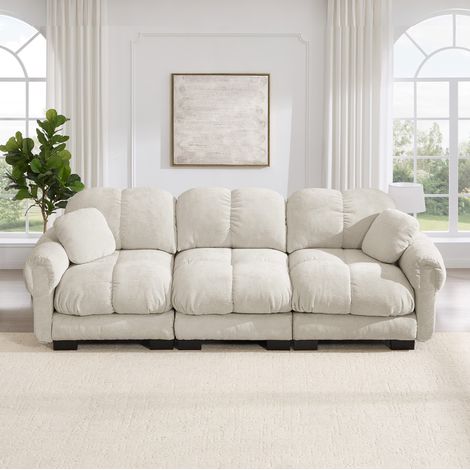 3-Sitzer-Sofa hellkhaki Chenille mit Steppdesign, modularer Gestaltung und 2 Dekokissen (1/5)