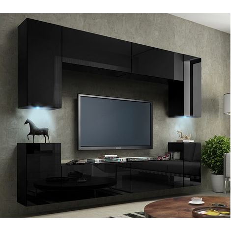 Ensemble de meubles de salon noir suspendus collection CEPTO I 240cm, 8 portes, 6 étagères, leds (1/4)