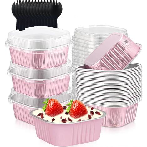 Boîtes de cuisson en feuille d'aluminium, 25 pièces, 150 ml, mini boîtes de cuisson carrées, mini boîtes à gâteaux avec couvercles, boîtes à cupcakes, ensemble de feuilles d'aluminium avec 25 cuillère (1/5)