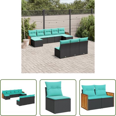 Gartenmöbel - 10-teiliges Gartensofa-Set mit Kissen, schwarzes Polyrattan (1/5)