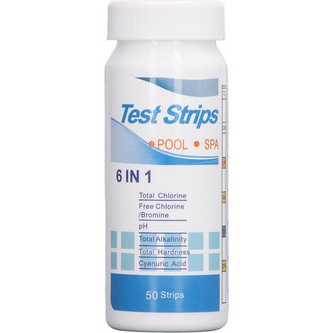 100 6-in-1-Teststreifen für pH-Wert, Chlor, Härte, Alkalität und Cyanursäure auf Sonnenblumenpapier für Schwimmbäder und Whirlpools (1/5)