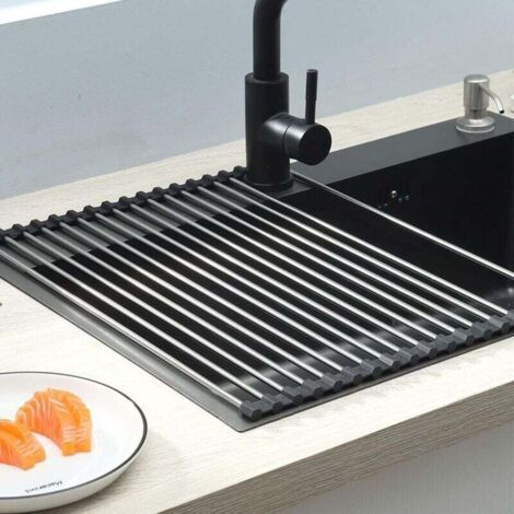 PA Tapis d'égouttoir pliable et amovible pour évier - parfait pour égoutter les tasses, les fruits et les légumes un accessoire de rangement de cuisine indispensable (noir, 45 x 34 cm). (1/4)