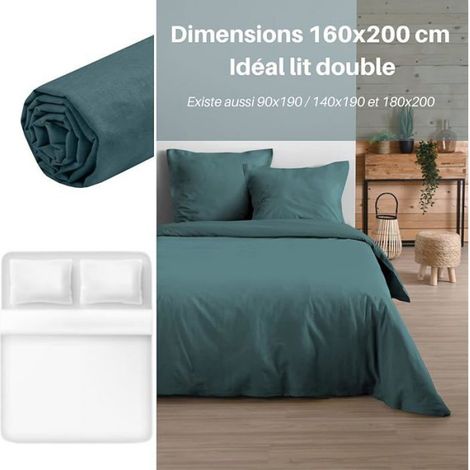 Drap Housse -Tail160x200 cm Grand Bonnet 30 cm -100% Coton certifié Oeko-Tex Couleur Eucalyptus 160x200 Eucalyptus (1/5)