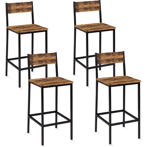 Idmarket – Lot de 4 tabourets de bar avec dossier – Bois foncé effet vieilli et métal noir – Hauteur 95 cm – Repose-pieds en métal pour confort (1/5)