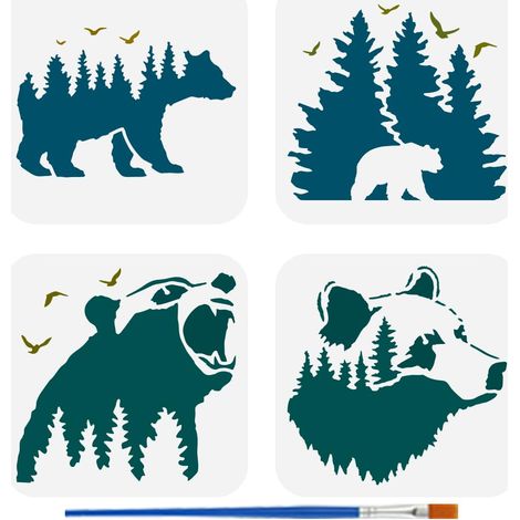 4 Pochoir Réutilisable en Forme D'Ours pour Peindre Au Pinceau 15x15cm Motif Silhouette D'Ours Arbre Creux Oiseaux en Plastique Motif Animalier pour Décoration Murale 15x15Cm (1/5)