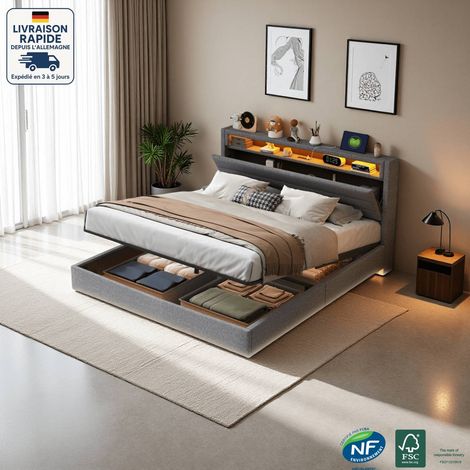 Lit coffre 160x200cm, lit double pour adulte, tête de lit avec rangement, USB, LED, Bois Certifié PEFC-gris (1/5)