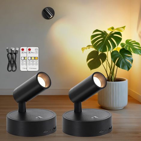Spots LED Rechargeable Sans Fil Intérieur, Noir, Lot de 2 Applique Murale USB avec Télécommande, 3 Couleurs, Spots LED Muraux Sans Fil pour Éclairage de Tableaux Plantes et Chambre (1/5)