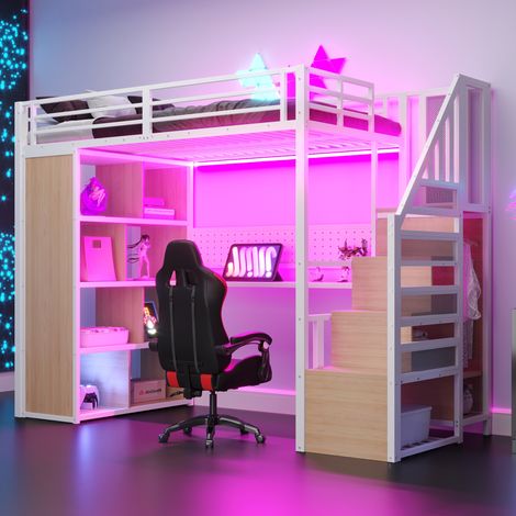 Lit mezzanine en métal 90 x 200 cm avec bureau, armoire, LED et prises européennes, blanc (1/5)