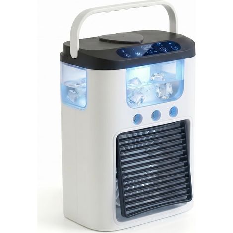 Ventilateur de climatisation portable, alimenté par USB, mini rechargeable climatiseur de bureau avec 3 vitesses et 3 modes de brumisation, réservoir d'eau de 600 ml, lumière RGB (1/5)