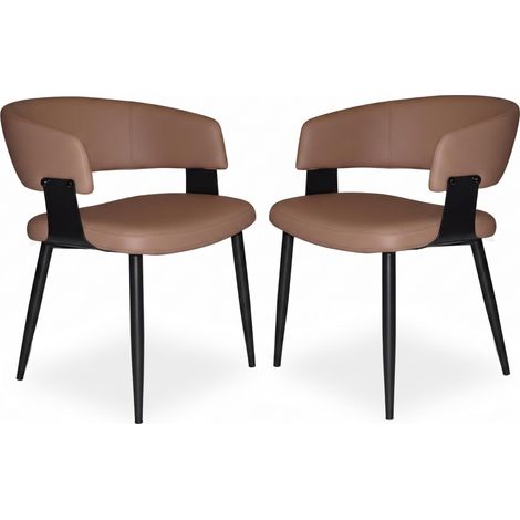 FurnitureR Lot de 2 chaises à manger, PU marron, pieds en métal noir, dossier incurvé rembourré et pieds métalliques noirs offrent confort, stabilité et entretien facile (1/5)
