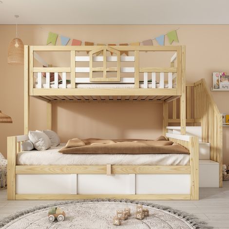 Lit superposé 90+140x200cm blanc bois naturel avec fenêtre, escalier rangement, coffre hydraulique garde-corps sans matelas (1/5)