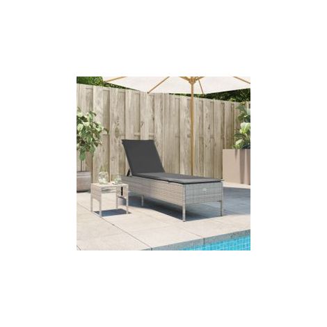 Chaise longue avec table et coussin gris clair résine tressée (1/5)