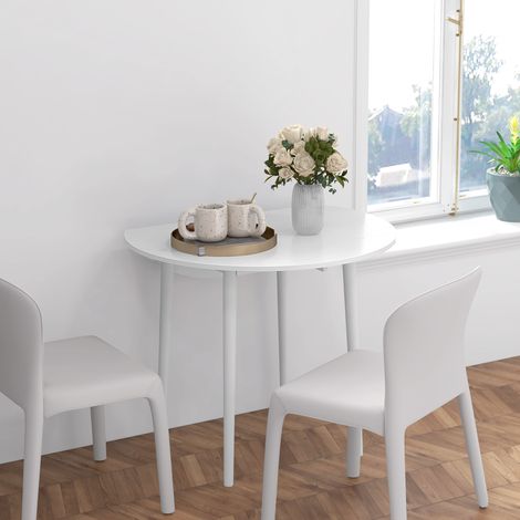 Mesa de comedor plegable con 2 alas abatibles, mesa redonda extensible para 4 personas, patas de madera Ø 89 x 73,5 cm, blanca (1/5)