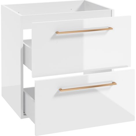 Waschtischunterschrank mit Metallgriffen in kupfer, 60 cm breit mit 2 Schubkästen, in weiß Hochglanz lackiert MESSINA-107, B/H/T: ca. 60/60/45 cm (1/5)
