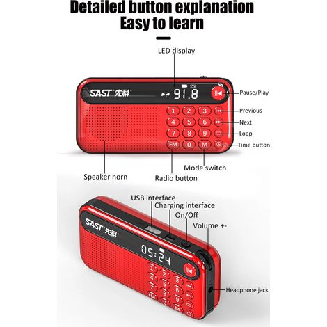 Mini récepteur radio FM portable avec haut-parleur puissant intégré, affichage de l'heure par LED, lecteur de musique USB/carte TF et fonction de mémorisation en cas de coupure de courant. (1/5)