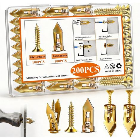 260 PCS Ancres de paroi sèche auto-forage avec kit de vis - 2 tailles Ancres de feuille et 3 tailles Vides d'expansion de zinc, Acier plaqué zinc, Pas de forage nécessaire