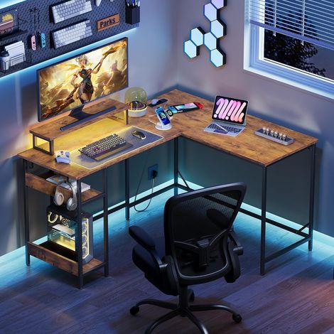 2-in-1 Gaming-Eckschreibtisch, wandelbar zur L-Form 140×118 cm oder geraden I-Form 208×50 cm, mit RGB-Beleuchtung, Monitorhalter und Ablage, passend für Heimarbeitsplatz, Vintagebraun (1/5)