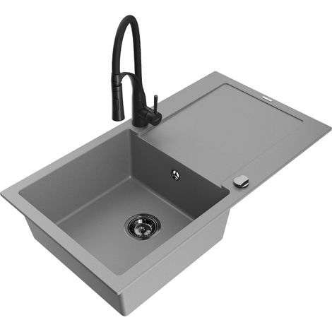 Mexen Leo évier en granit 1 bac avec égouttoir et robinet de cuisine Aster, gris - 6501-71-73450-70-B (1/5)
