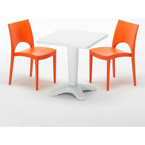 Tavolino Quadrato Bianco 70x70 cm con 2 Sedie Colorate Paris Patio - Arancione