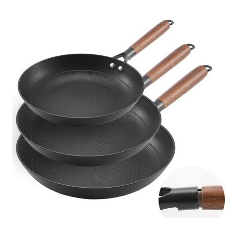 Sartén de Hierro Fundido, Juego 3 uds 205, 265 y 310 mm, Antiadherente con Mango de Madera Desmontable, Precurada, para Cocina de Gas, Eléctrica e Inducción, a Cocineros Apasionados, Negro (1/5)