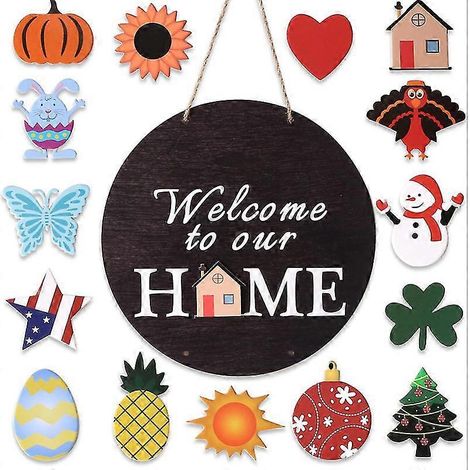Panneau de porte Evago « Bienvenue chez nous », rond, en bois avec nœud en toile de jute et 16 décorations saisonnières, idéal comme cadeau de pendaison de crémaillère ou de Noël. (1/4)