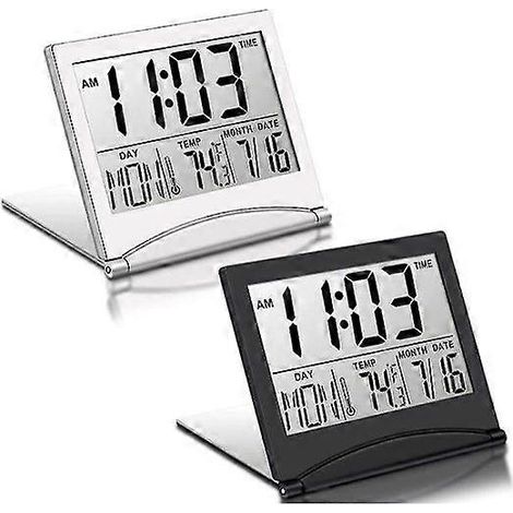 Set aus 2 faltbaren digitalen Reiseweckern mit LCD-Bildschirm, Kalender, Temperaturanzeige und Schlummerfunktion, tragbar, Kuolu (1/5)
