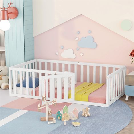 Kinderbett 90 x 200 Holzboden Bettrahmen mit Gitter und Tür Weiß (1/5)