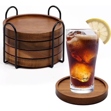 Juego de 4 posavasos de madera absorbentes con soporte de almacenamiento para mesas de centro y bares. (1/5)
