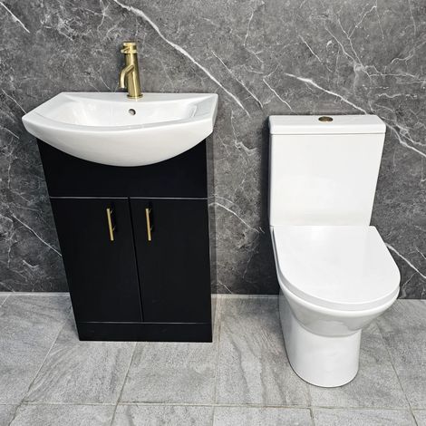 Black Vanity Unit with Brass Handles 550mm Open Back Toilet Bathroom Suite, Without Tap & Waste