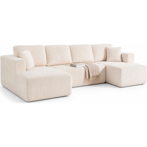 Canapé U modulable en velours côtelé blanc, sans montage, avec 6 coussins, confort moelleux et format XXL pour salon, chambre ou détente - CHICFURN (1/5)