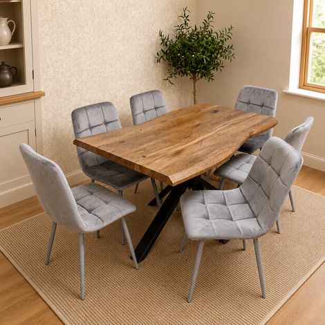 Kosy Koala 6 Seater Rustic Brown Wooden Effect Dining Table with Grey Tufted Velvet Chairs (1/5)