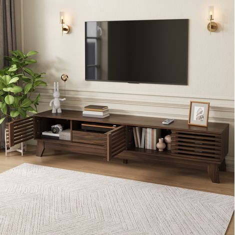 Meuble TV 170 cm avec 3 portes, tiroir et étagères ouvertes, MDF noyer, OKMYHOME (1/5)