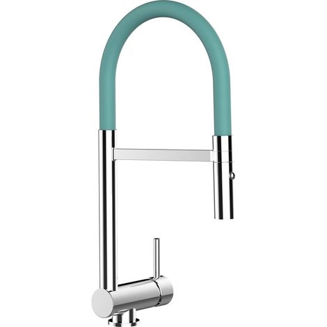 Robinet de Cuisine Mitigeur rabattable sous fenetre 60mm chrome robinet bec turquoise orientable et douchette 2 jets detachable VIZIO (1/5)
