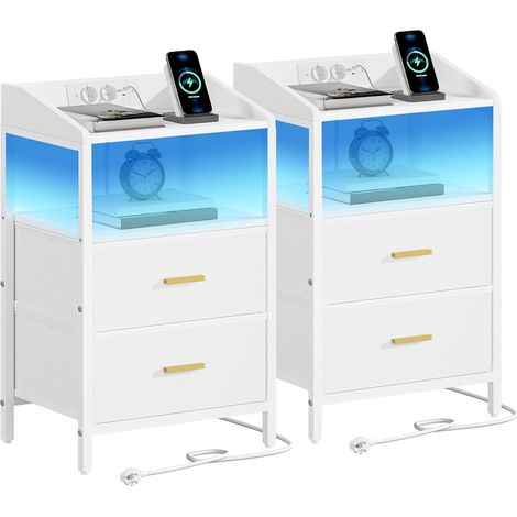 Table de chevet avec éclairage LED – 2 prises de courant et 2 ports USB – Design moderne avec 2 tiroirs – Dimensions 30x40x68 cm (1/5)