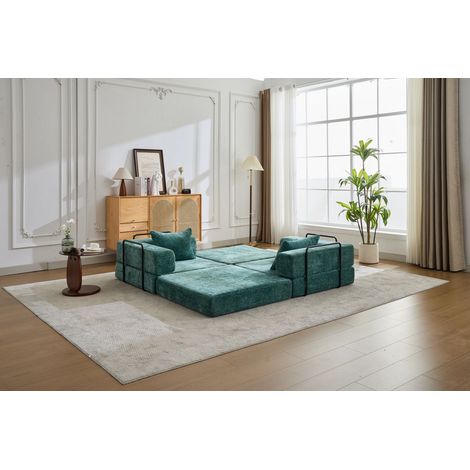 Canapé-lit structure à forme fixe couchage d'appoint au sol configuration modulaire format biplace en chenille vert foncé montage (1/5)