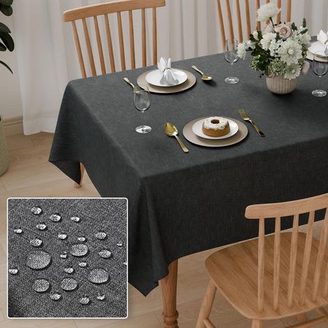 Nappe 140x100cm imperméable lavable aspect lin gris foncé rectangulaire