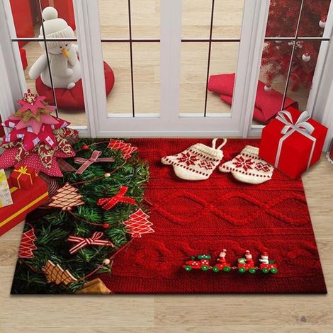 Paillasson de Noël 40 x 60 cm - Tapis décoratif antidérapant en polyester avec motif floral rouge pour intérieur et extérieur (1/3)